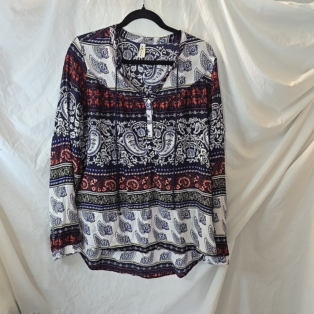 Roper Women's Long Sleeve V-neck 1/2 Button-Up Tassel Paisley Boho Peasant Top L - Picture 2 of 16